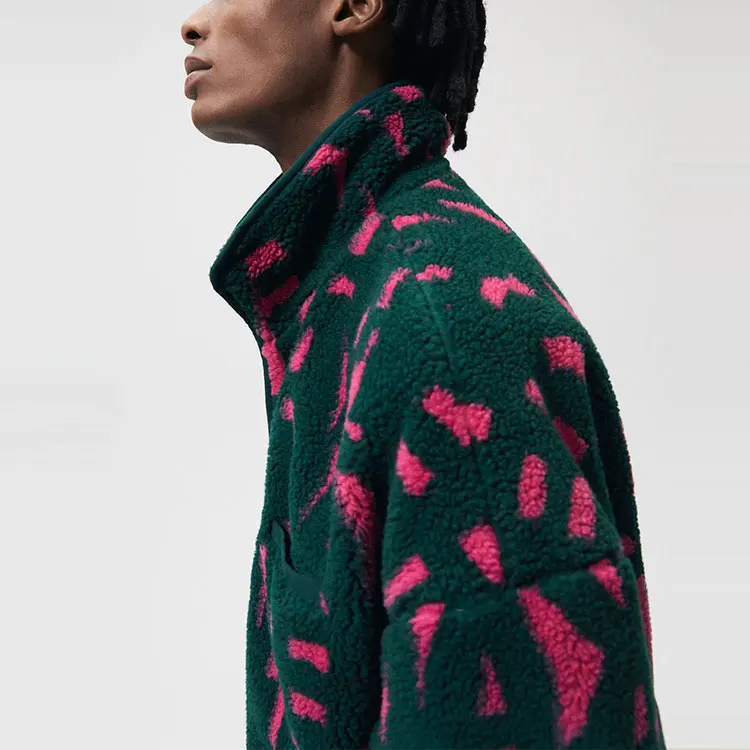 Men Custom Printed Sherpa Fleece Jackets Zip up High Neck for Winter