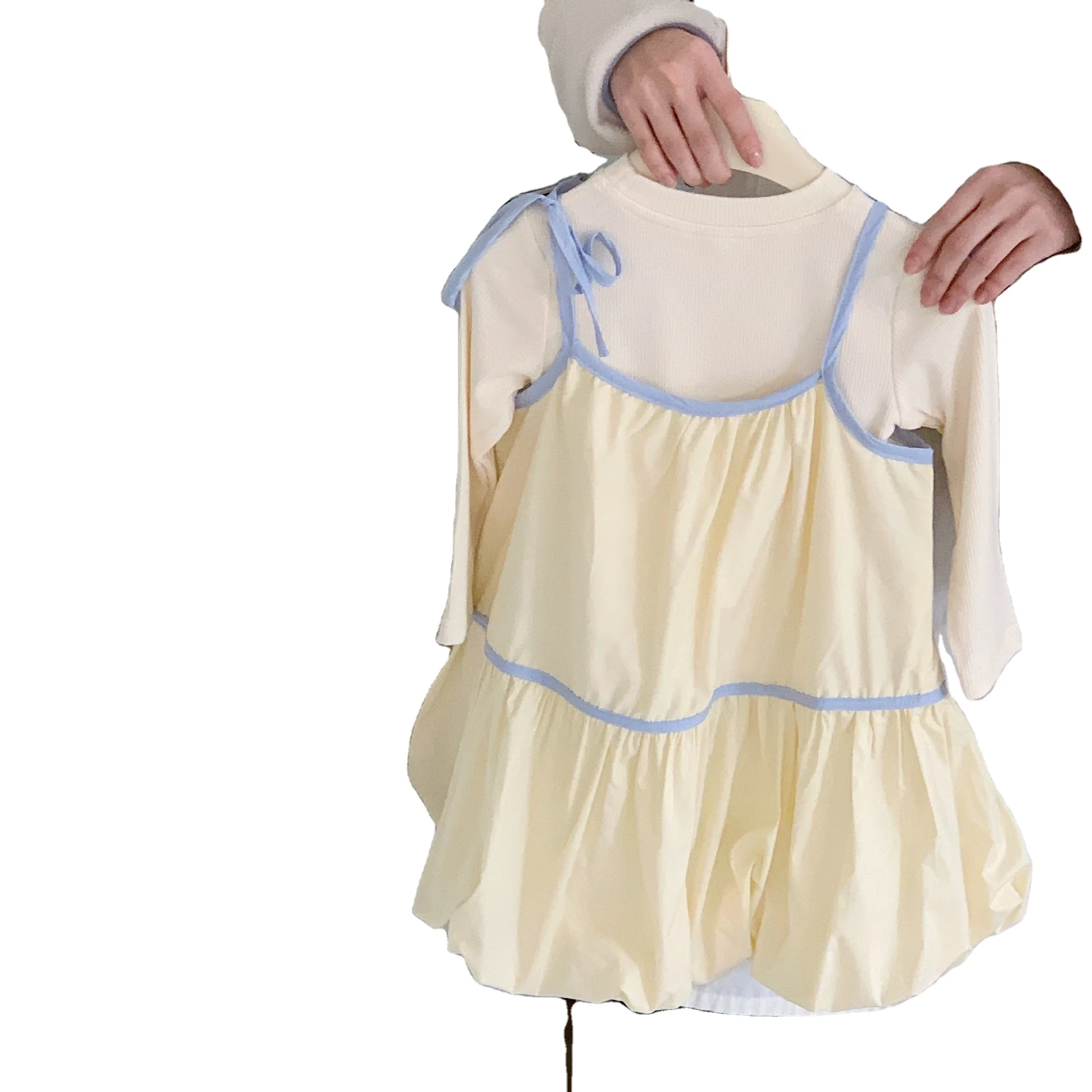 Summer Custom Color Suspender Linen Cotton Baby Toddler Dresses Set Cute Versatile Casual Light Yellow Cute Dresses Kids Girl