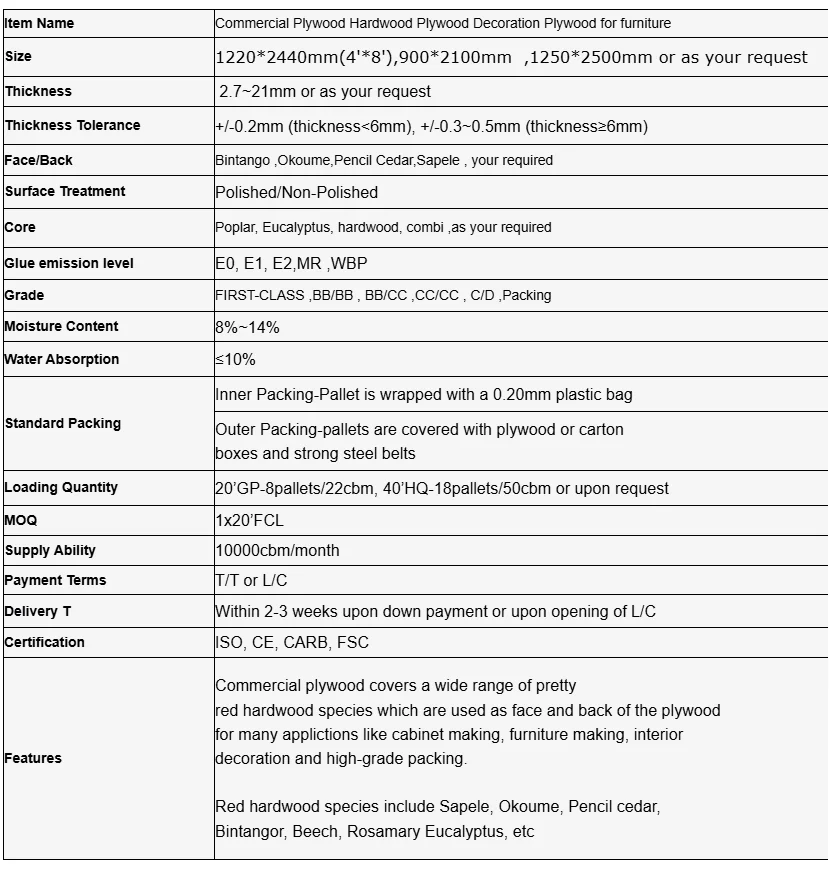 Factory Sale All Size Commercial Plywood Hardwood Plywood Laminated Board Decoration Plywood for Furniture 18mm 4*8