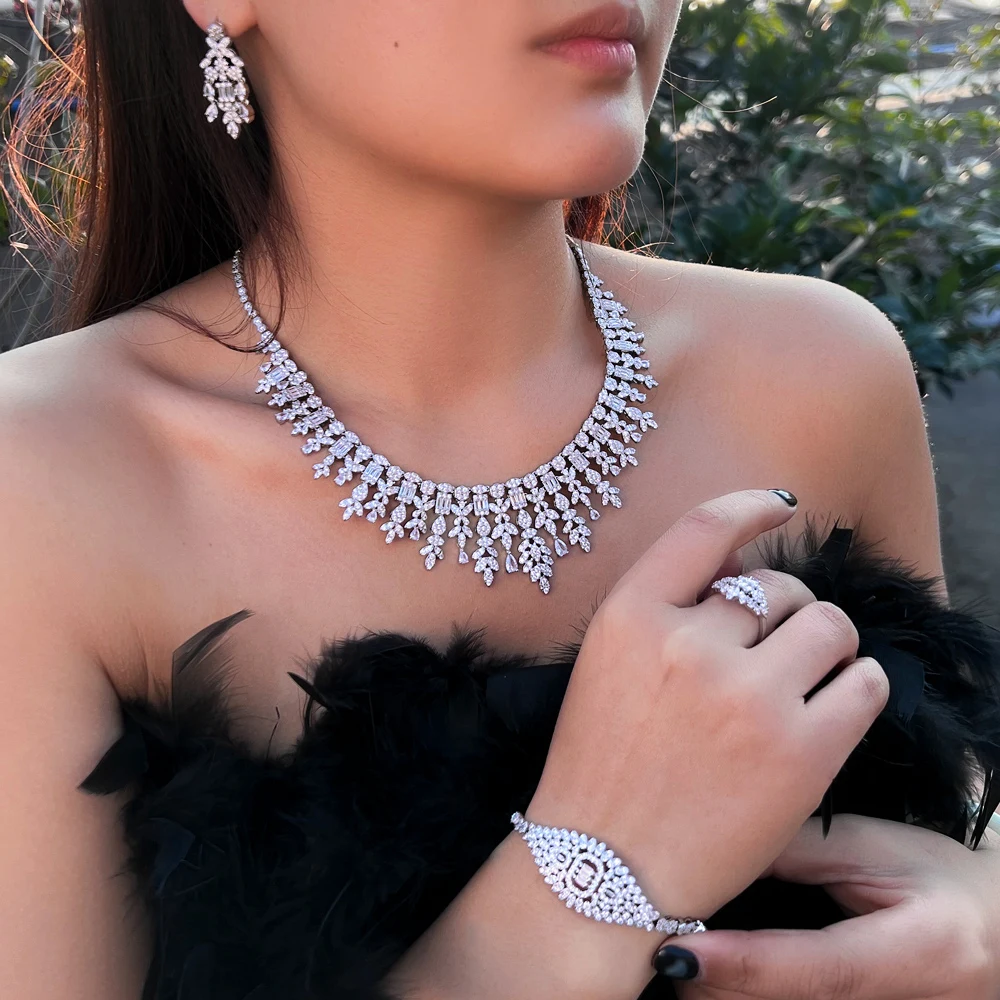 Tassel Drop Cubic Zirconia Saudi Arabia Big Wedding Banquet Necklace Dubai  White Gold Color Bridal Party Costume Jewelry Sets