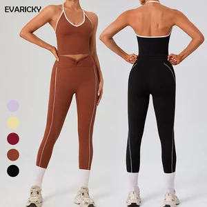 Evaricky Comfortable Sleeveless Halter Tank Top Gym Yoga Wear Butt Lift Leggings Two Piece Fitness Workout Set for Women