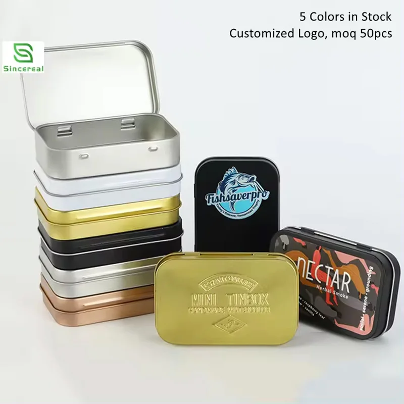 OEM Custom Printed Silver Rectangular Hinged Tin Case With Lid Gift Packaging Food Grade Container Metal Tin Can Box