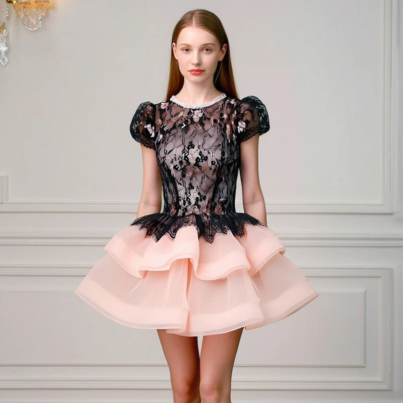 ZYHT 21689 Women's Elegant Black Lace & Blush Pink Tulle Ballgown Dress Short Sleeves Mini Flared Skirt Eco-Friendly Party Dress