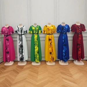 Wholesale New Summer Women's Elegant Printed Round Neck Belt Short Sleeve Dress