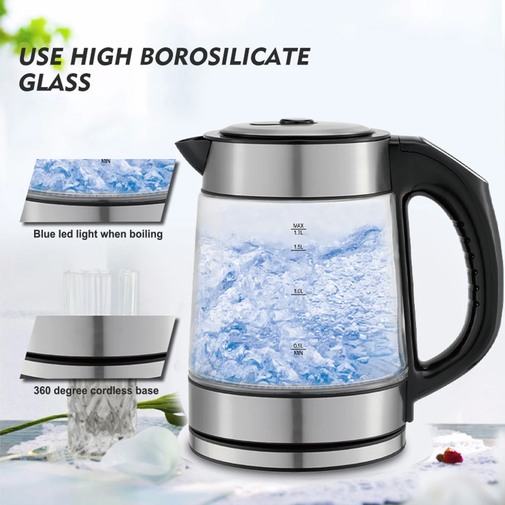 1.7l Transparent Glass Discoloration Electric Stainless Steel Lid Water