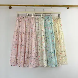 High Quality Summer Women's High Waist A-Line Skirt Floral Print Korean Casual Embroidery Beach Vacation Style Sweet Cake Design