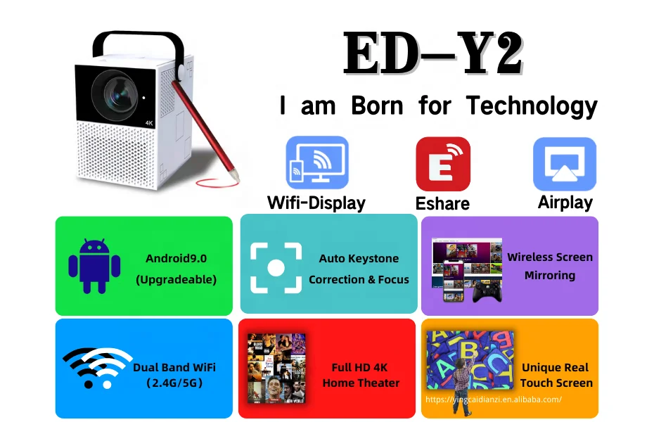 Компактный умный Wi-Fi проектор с сенсорным экраном, 1920*1080P, 2 + 16 ГБ, Android 9,0, 4K