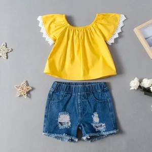 Online Wholesale Shop Baby Girl New Arrival Pure Yellow T-shirts With Lace And Denim Pants Made In China