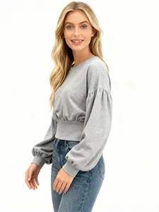 Spring/Autumn Cotton Spandex Lantern Dropped Shoulder Sleeve Cropped Sweatshirt French Terry Retro Slim-Fit Waist-Band Tops