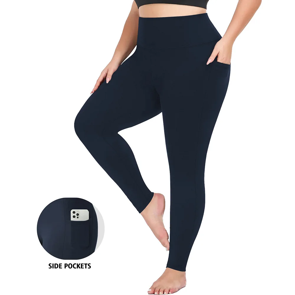 Plus Size Solid Yoga Pants Spandex/Nylon Elastic Waist Four-Way Stretch Pocket Style Hig detail
