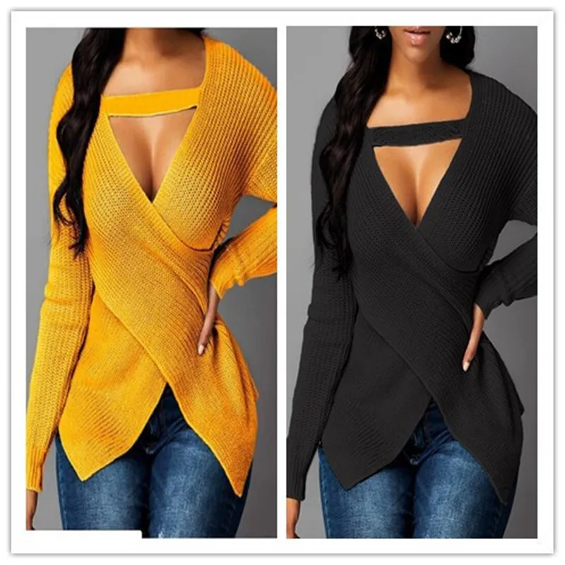 Women Tops Solid Color V Neck Sweater Front Cross Knit Sweatshirt Casual Plus Size Pullover Autumn Long Sleeve Blouse 