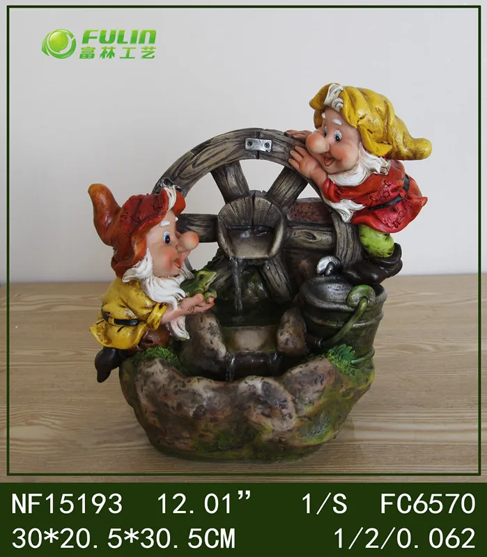 Small Resin Crafts Gnome Dwarf Statue Decorative Home Waterfall Fountain with Playing Feather