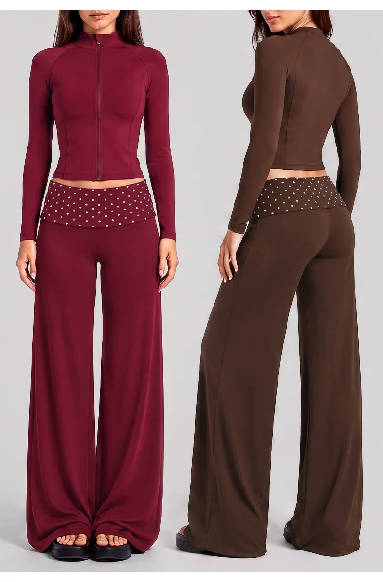 Women Slim Fit Yoga Set Quick Dry Zip up Stand Collar Jacket Wide Leg Pants Contrast Polka Dot Waistband 2 Piece Outfit — detail