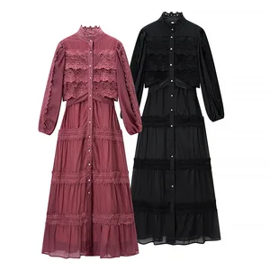 Spring Summer Women's Casual Woven Lace Button Washable High Waist Vintage Long Sleeve Lantern Sleeve A-Line Dress