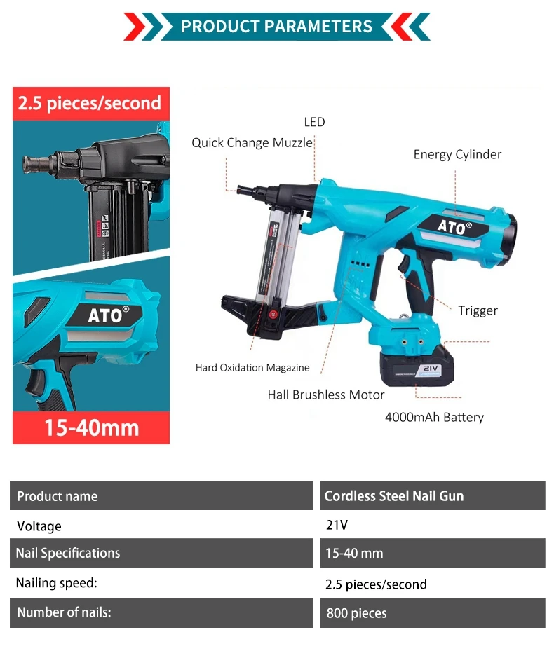 Ato A8221 Lithium Battery Electric Steel Nail Gun Cordless Electric