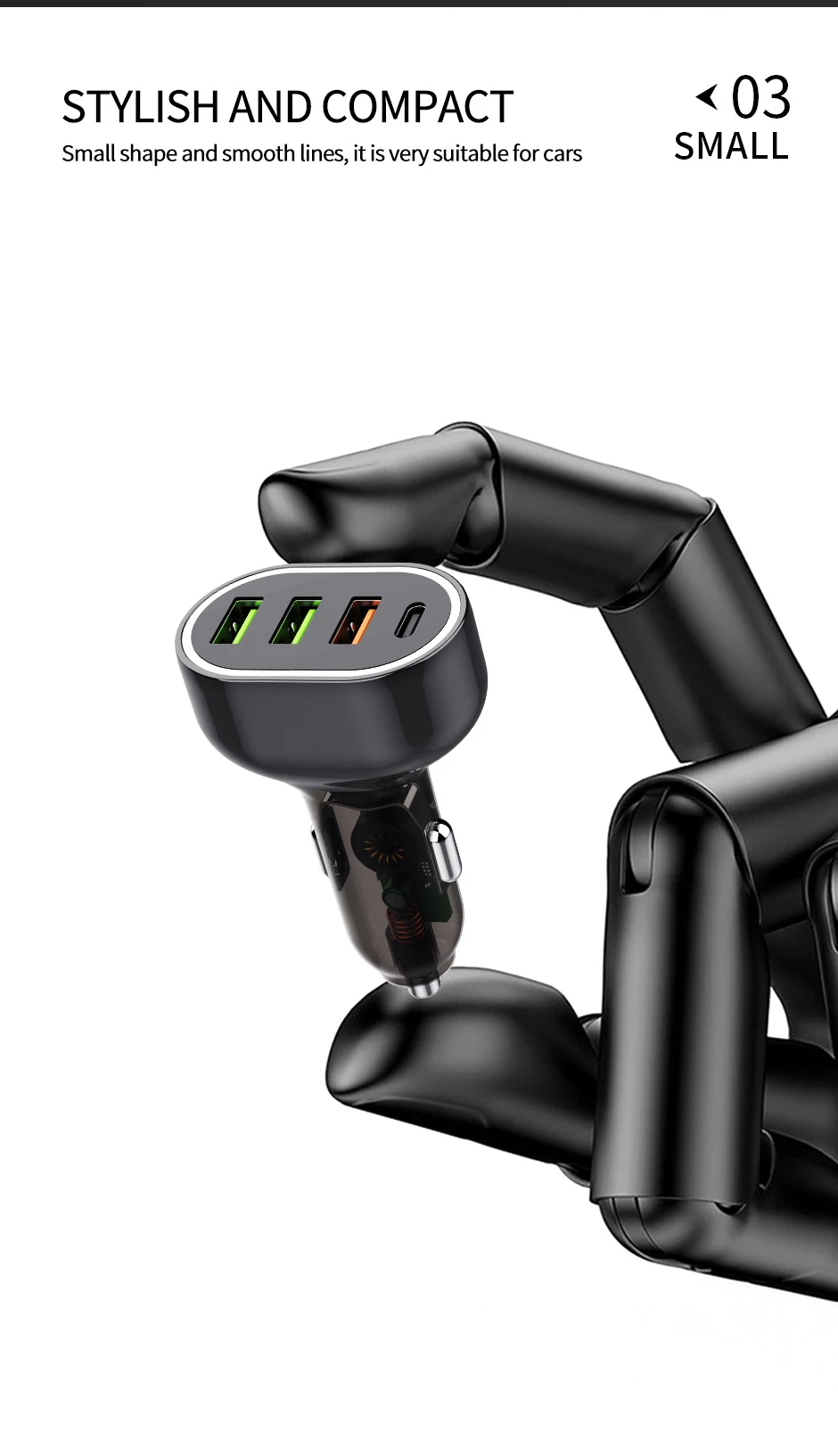 APPACS C68 车载充电器,带三个 USB-A 和一个 USB-C 接口,63W 快速充电,RoHS 和 CE 认证