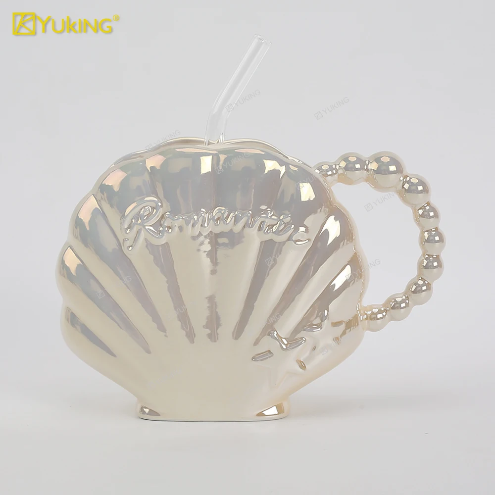 Pearl Shell Mug with Straw Beautiful Girl Lovely Ceramic Water Cup Milk Coffee Water Cup