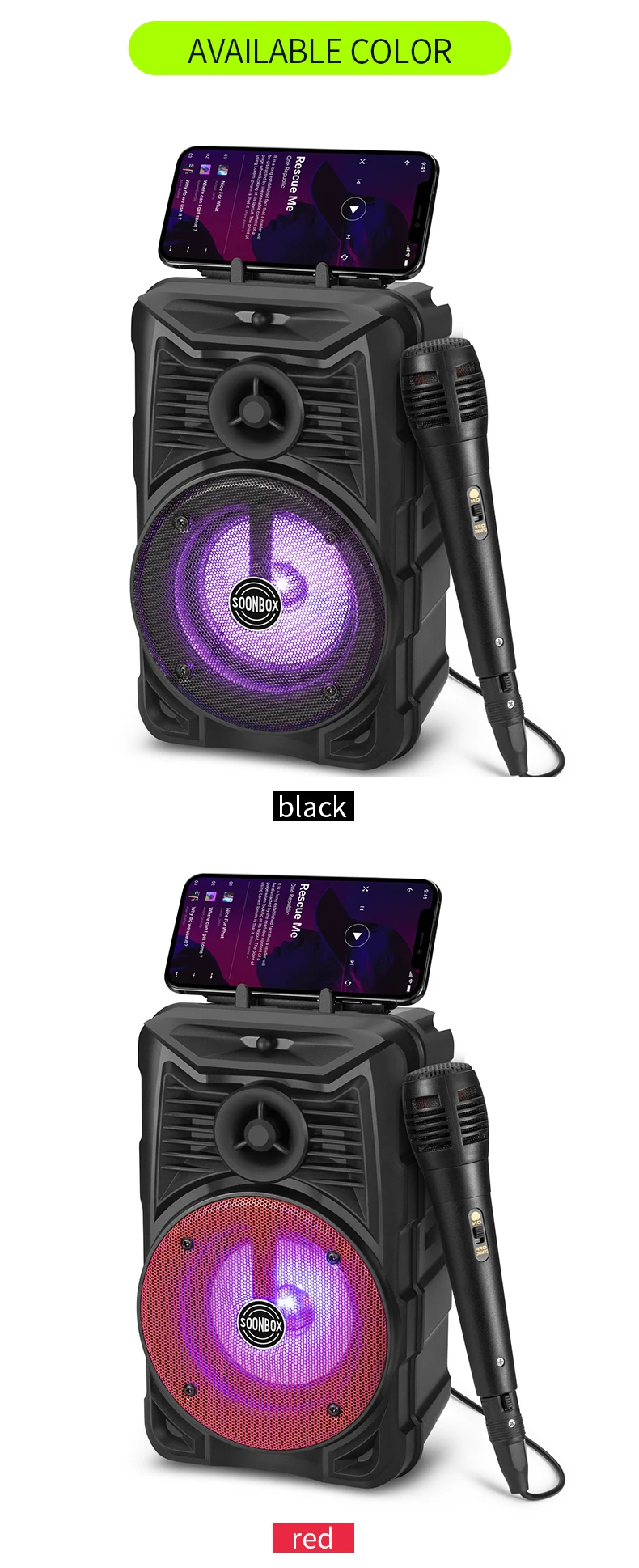 S5 SOONBOX Outdoor Bt Waterproof Super Heavy Bass Speaker Colorful Led Wireless Portable Karaoke Speaker With Mic