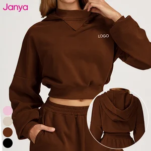 Janya Women's Autumn Winter Warm Sports Pullover Jacket Casual Loose Fitness Crop Tops Long Sleeve Hooded Terry Sweatshirt