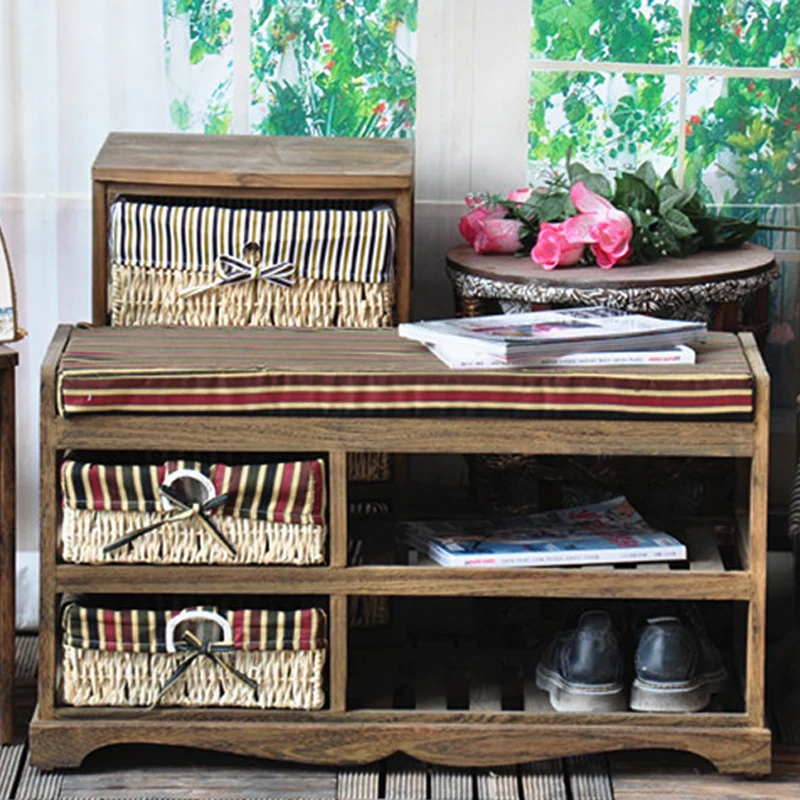 Antique Wooden Storage Stool With Rattan Drawers Buy Small Storage