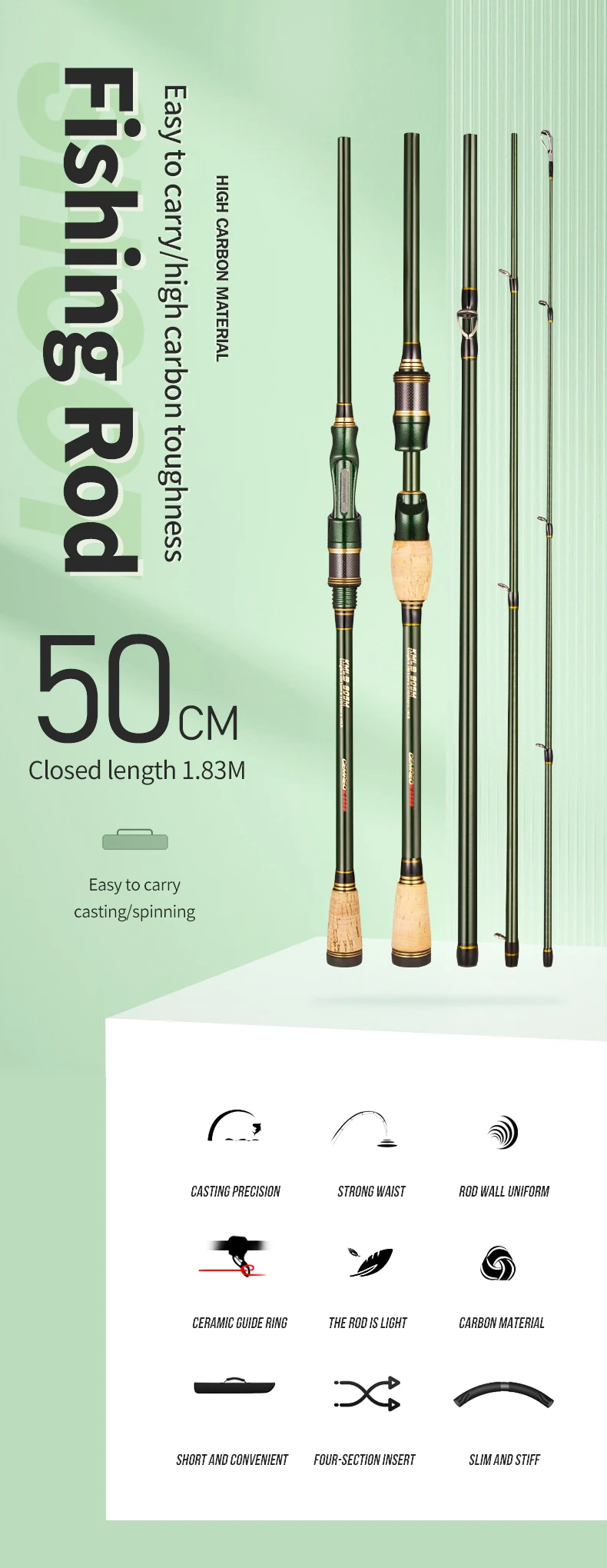 Newmajor 1.83m,2.1m,2.4m 4 Section Portable Travel Mini Best Casting