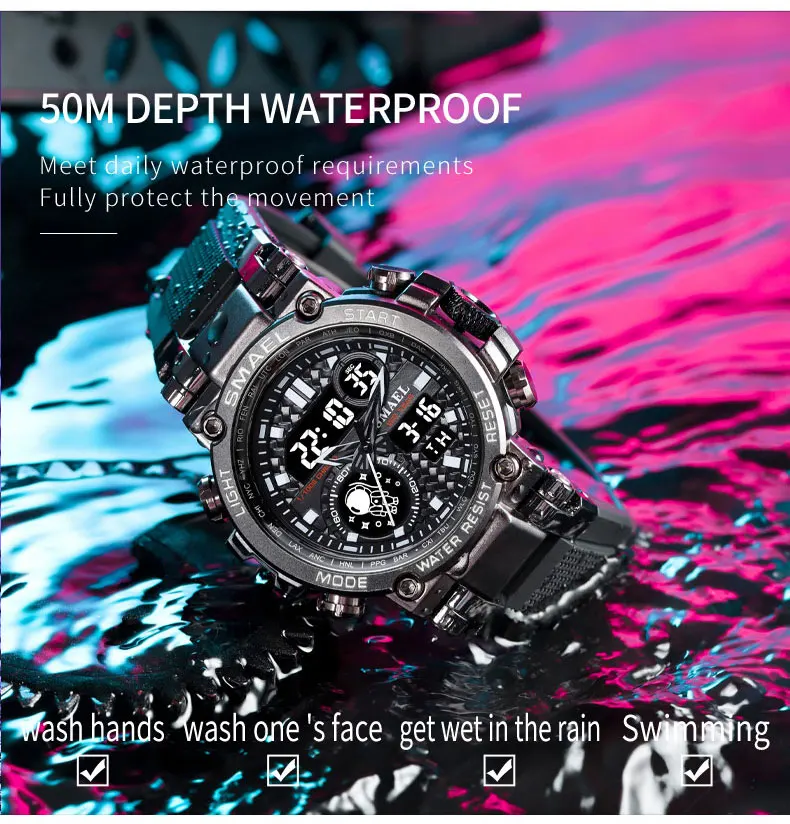 Alarm, Auto Date, chronograph, Day/Date, Multiple Time Zone, Water Resistant, Waterproof, LED Display, Luminous, Week Display, Luminous Hands, Back Light