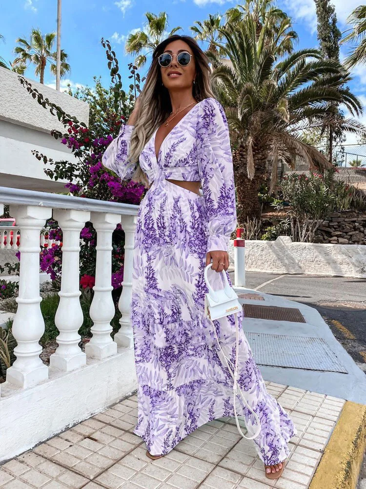 2022 Beach Maxi Casual Dress Boho Floral Print V Neck