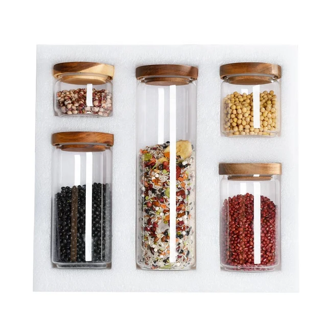 Wholesale Kitchen Home Bean pickle dry fruit large storage airtight Glass Jar with wooden lid 5 pcs set