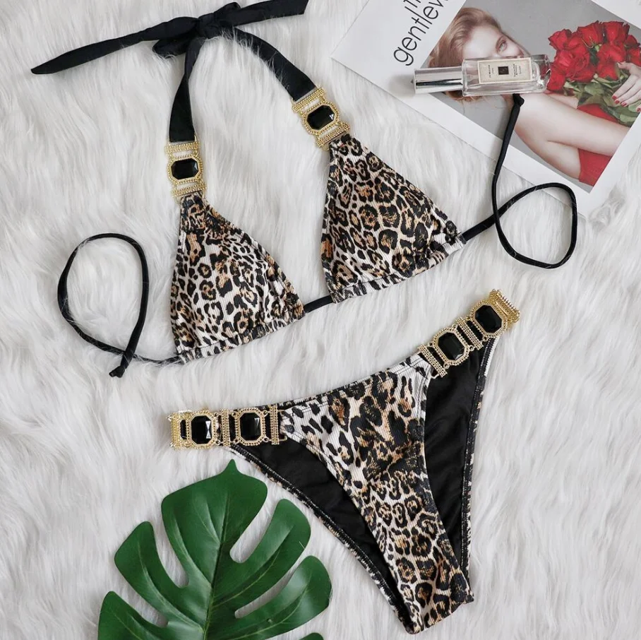 2022 Stock Cheetah Print Jewel Bikini Textured Ribbed Diamond Swimwear Swimsuit Buy Diamond