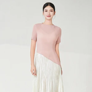 2025 Latest Design Women's Fashion Tops Design Sense Summer Irregular Elastic Solid Color Tops Miyake Pleated T-shirt