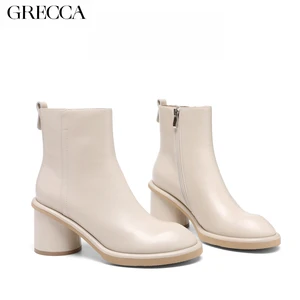 GRECCA Women's Stylish Retro Ankle Boots Toe Chunky Heel Height Increasing Side Zipper for Easy Wear Comfortable for Daily