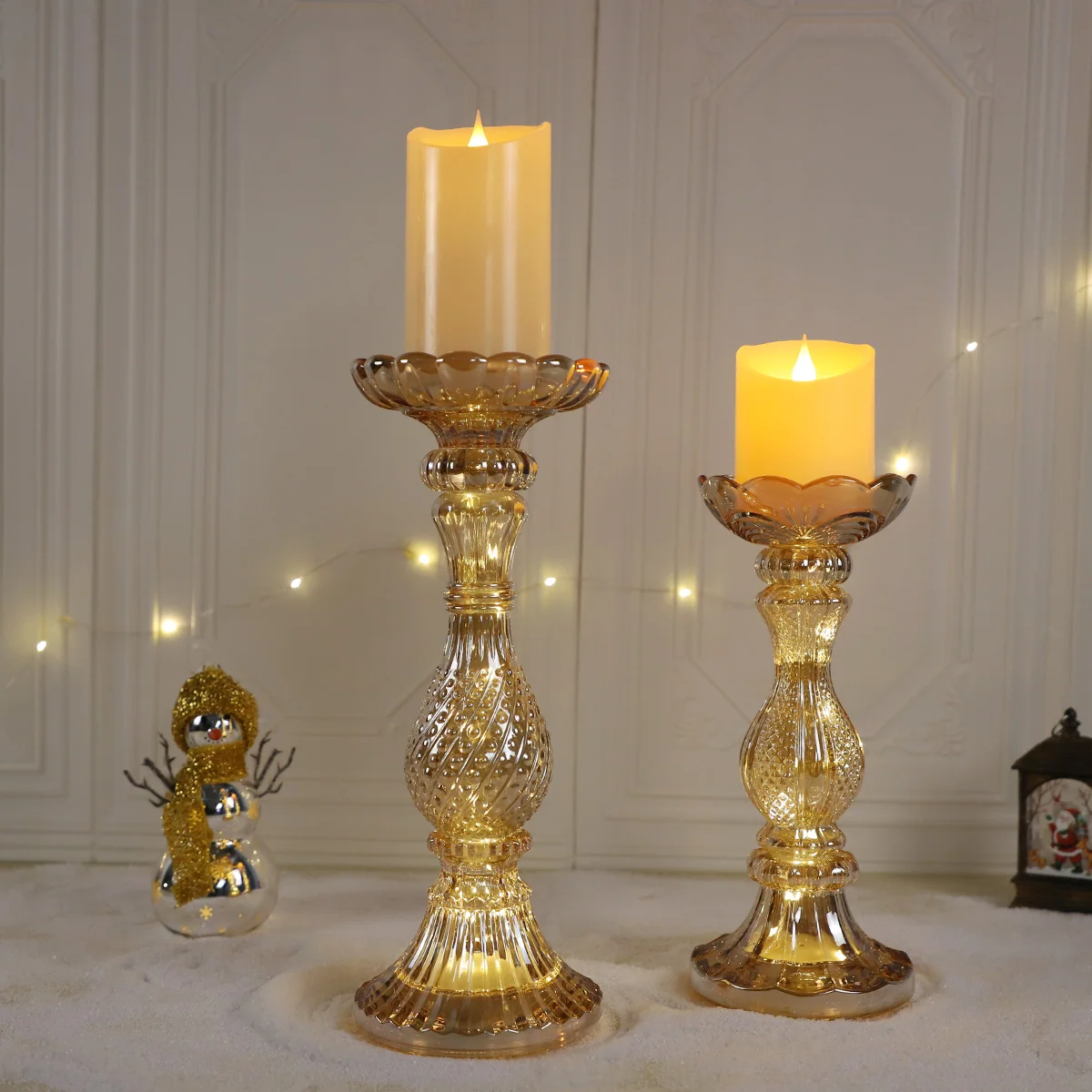 Vintage luxury home decoration tabletop tall long stem pillar clear gold ribbed glass taper candle stand stick holder set of 3 manufacture