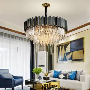 Living Room Dining Room Rectangle Led Hanging Lights Black Crystal Stainless Steel Chandelier