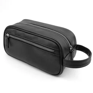 BSCI Factory Custom Logo Waterproof Male Wash Bag Black PU Leather Cosmetic Organizer Bag Premium Travel Mens Toiletry Bag