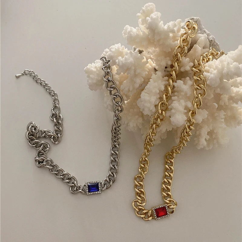 Gold Silver Color Square Red Stone 