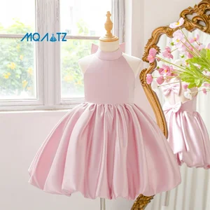 Girls Casual Beaded Evening Dress Square Collar Sleeveless Knee-Length Layered Party Children Crocheted Taffeta Pearl Decoration