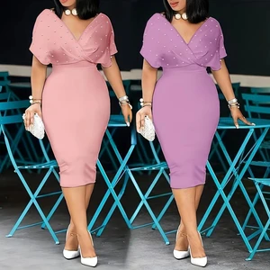 New Arrival Fashion Elegant Dresses Women Solid Color Bra V-neck Half Sleeve Studded Beaded Dress for Women