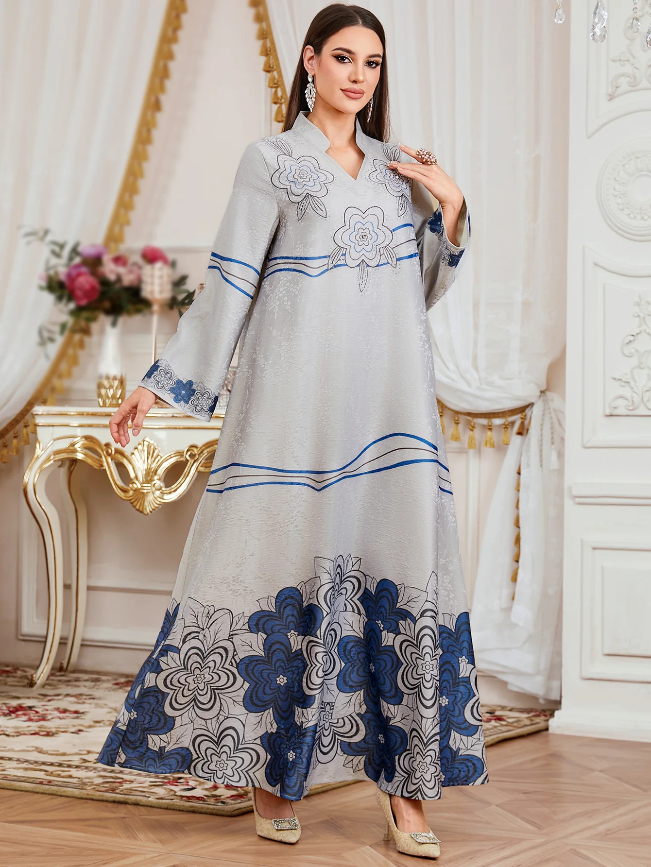 sachin and babi light blue dress Exquisite Middle East Abaya Dress for Muslim Women Elegant Arabic Printed  Flowers Jalabiya Dubai Ramadan Robe with Rhinestones