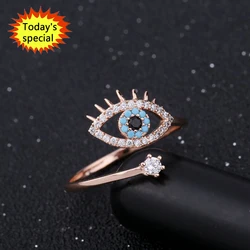 Wholesale High Quality 18k Gold Plated Blue Cz Crystal Eye Finger Open Adjustable Zirconia Evil Eyes Ring