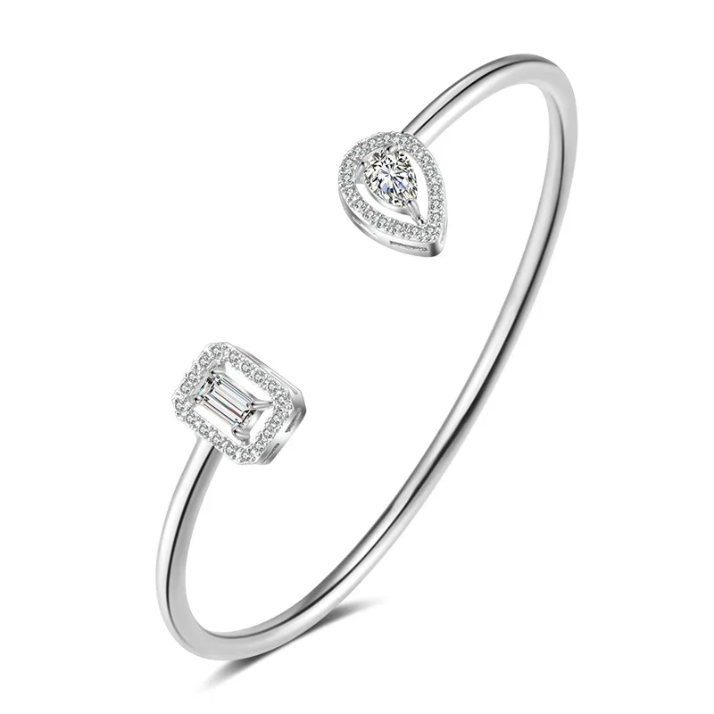 INS Style White Gold Plating Sparkling Full Crystal Heart Shape Bangles Square Geometric Full Cubic Zircon Diamond Open Bangles