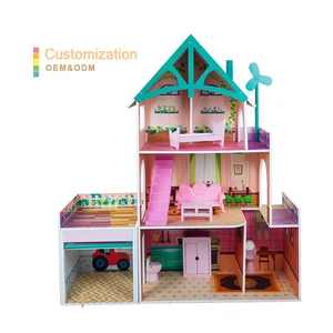 Custom Pretend Role Play DIY Preschool Toys Wooden Doll House Villa Room Large Dollhouse with Furniture and Accessories