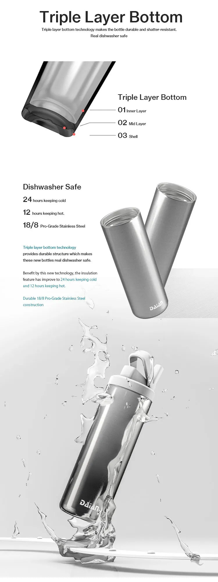 DAIAN Customized Vaccum Insulated Thermo Wide Mouth Sports Water Bottle Vacuum Flask Double Wall Stainless Steel Water Bottles