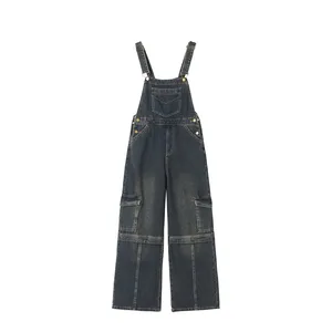 Summer American Retro Work Wear 100% Cotton Loose Pants Women Fashion Denim Overalls Shoulder Straps Washed Waterproof Jumpsuits