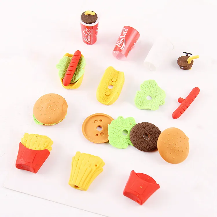 Custom 3D Fast Food Shaped 5*4.5cm TPR/PVC Eraser Set Rubber Pencil Eraser 1pcs/opp HT-10069 Promotional Gift for Fast Food