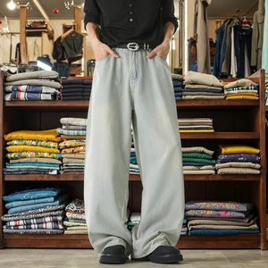 Vintage American Style Men's 100% Cotton Loose Straight Pants Autumn Long Pants Mid Casual Vintage Vertical Stripe Washed Jeans