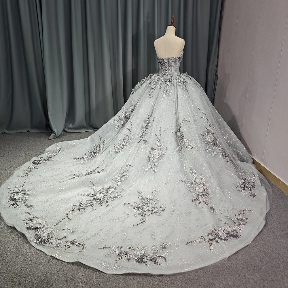 Silver Quinceanera Dress with Mexican Lace & 3D Flowers Silver Quinceanera Dress with Mexican Lace & 3D Flowers