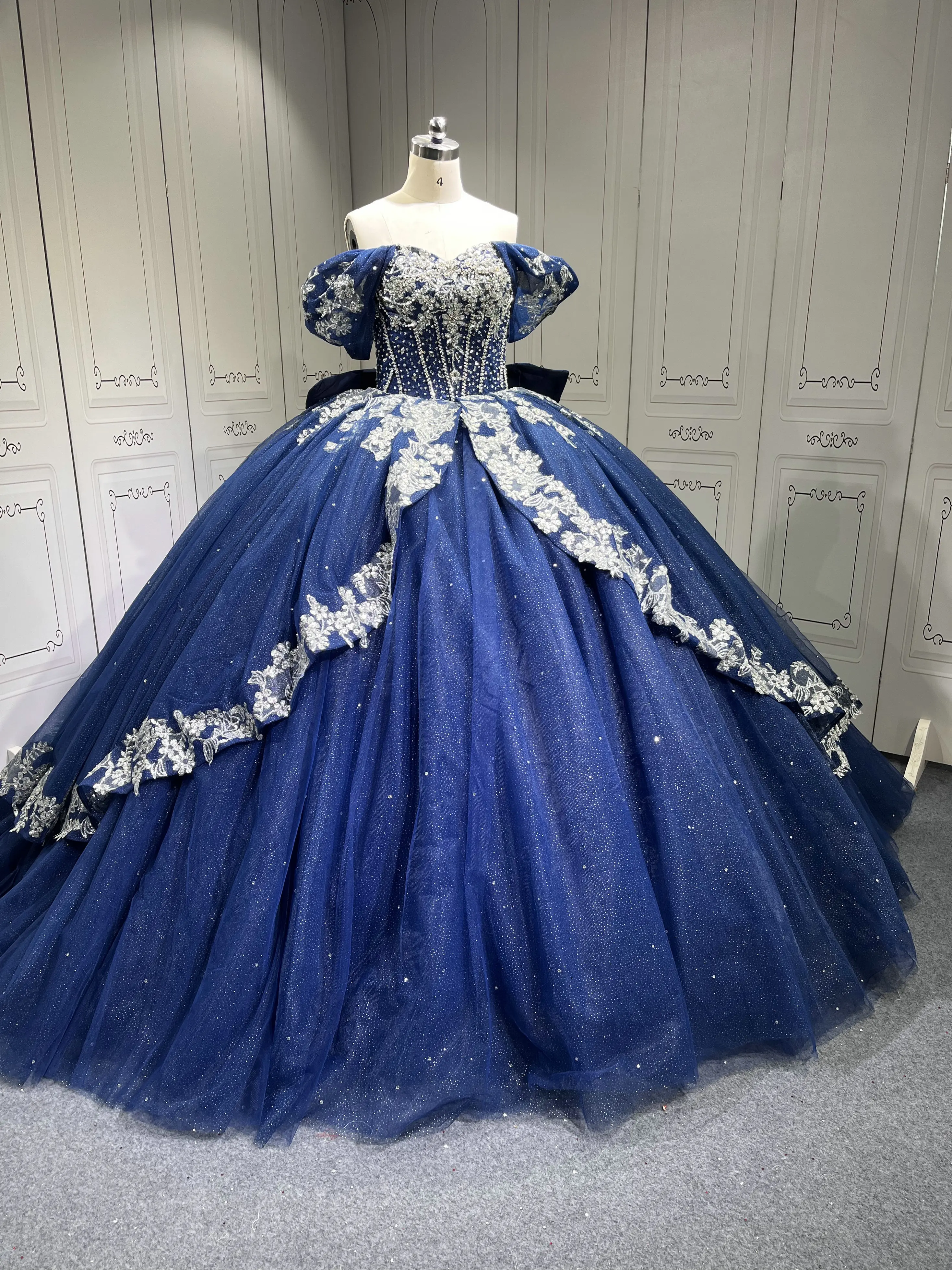 Mumuleo Off Shoulder Quince Dress Navy Blue Vestidos De 15 Anos Lace  Appliques Sweetheart Neck Birthday Party Dress With Bow