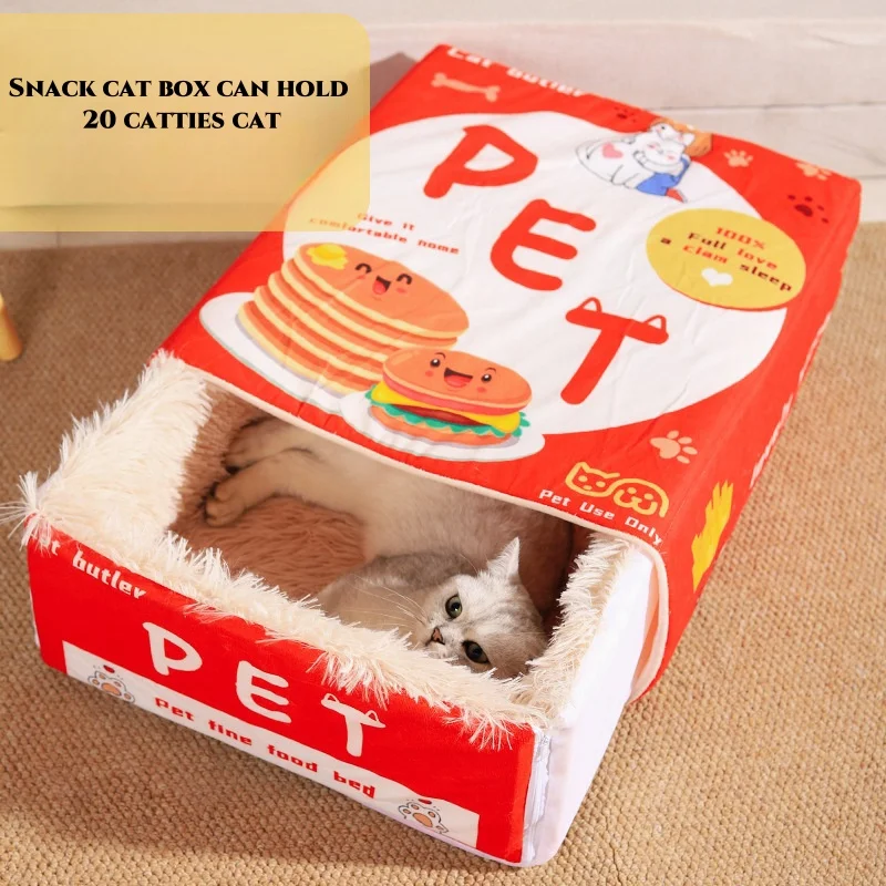 New Snack Box Plush Pet Bed Fully Enclosed Cookie Box Shape Warm Soft Windbreak Cute Pull Out Cat House Cushion Pet Products