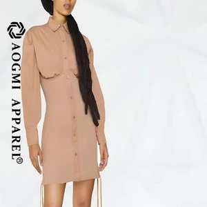 High-End Custom AOGMI Ladies Waist A-Line Thin Meat Cover Function Soft SAG Elastic Knitting Cotton Midi Long Sleeve Dress