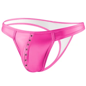 Sexy Metal Hole Mens Thong Comfortable Bulge 3D Pouch T Back Men Synthetic Leather Thong and Underwear